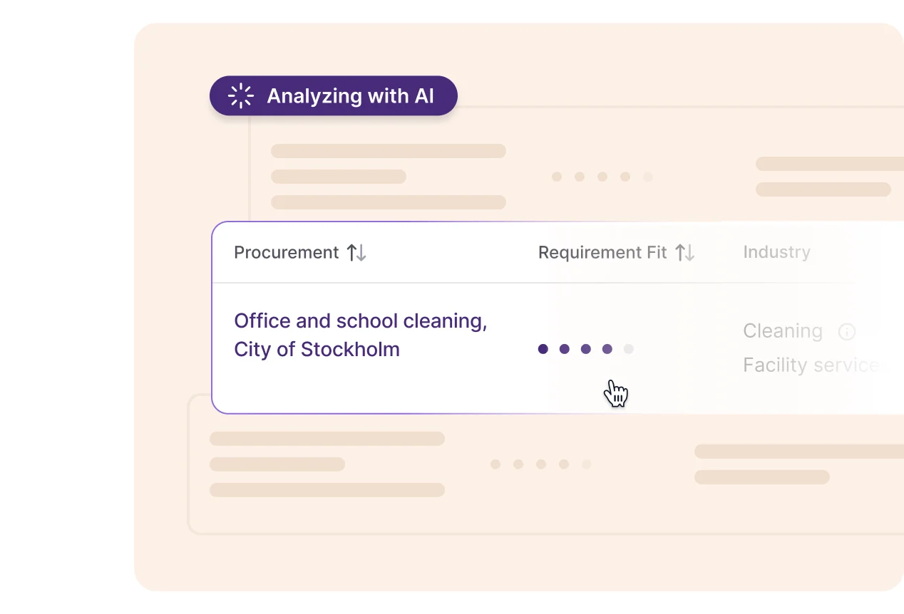 BidPal analyzing a matched tender, Office and school cleaning, City of Stockholm, and scoring its requirement fit